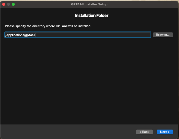 GPT4ALL Installer Setup, choosing the installation folder. The directory pathway is /Application/gpt4all