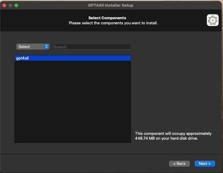 GPT4ALL Installer Setup, selecting the components to install. The component available is gpt4all, which is selected.