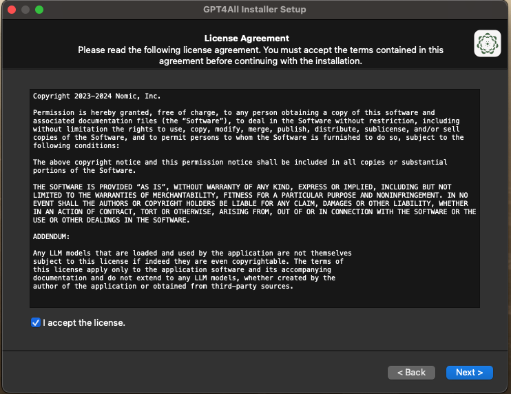 GPT4ALL Installer Setup License Agreement. There is a checkbox that reads "I accept the license".