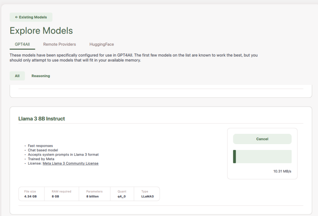 GPT4ALL Explore Models page. We have clicked download on the Llama 3 8B Instruct. It shows the progress of the download as well as a cancel button.