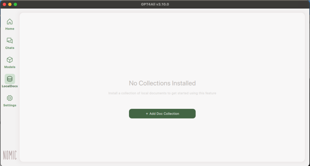 GPT4ALL Collections page. No Collections are Installed. There is a button to + Add Doc Collection.