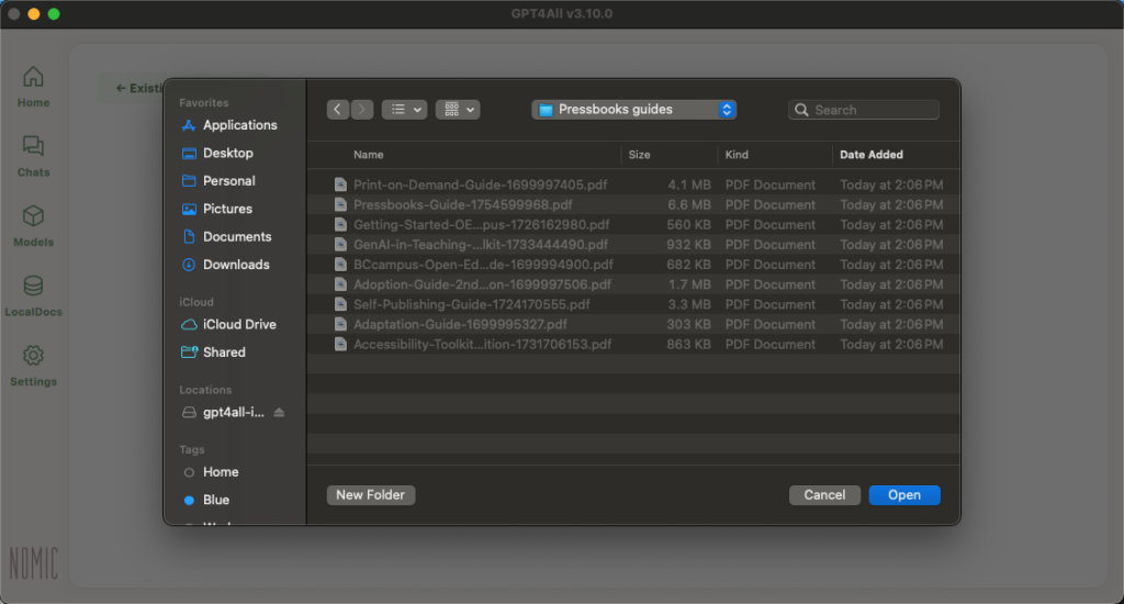 Browse Folder window. The folder titled Pressbooks guides has been selected and there is a Open button in the bottom right corner.