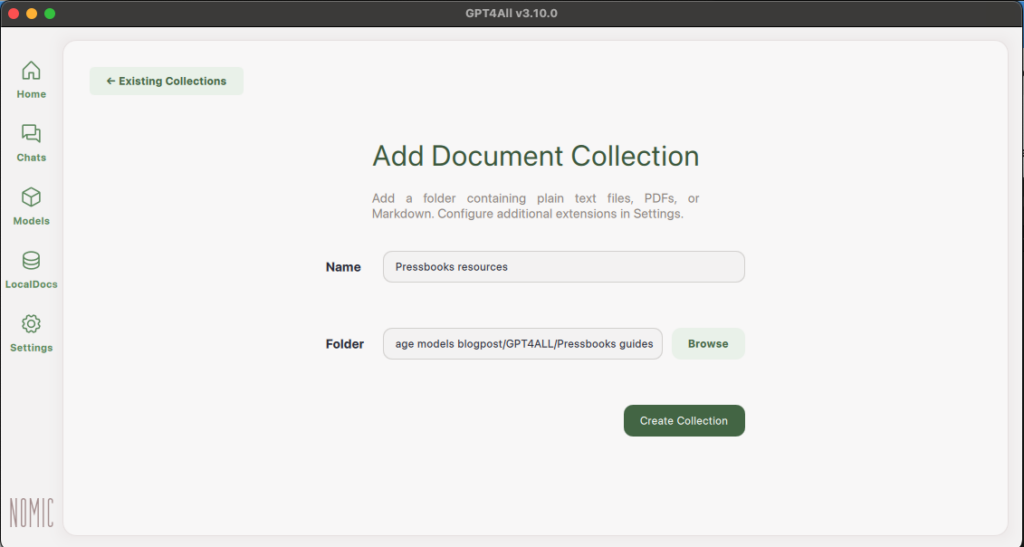 GPT4ALL Add Document Collection page. I've named the collection Pressbooks resources and the folder is the Pressbooks guides folder.