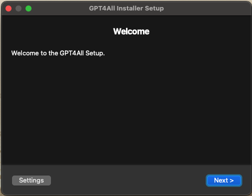 GPT4ALL Installer Setup welcome page. There's a settings button and a Next button.
