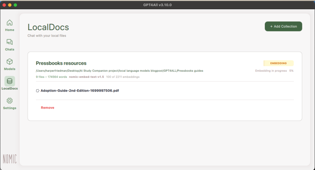 GPT4ALL LocalDocs page. The Collection titled Pressbooks resources is now listed and is embedding. There's a Remove button for the specific Collection.