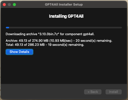 GPT4ALL Installer Setup, install window. It shows which archive is being downloaded from the component gpt4all. There's an install button, which is greyed out while it is still downloading.