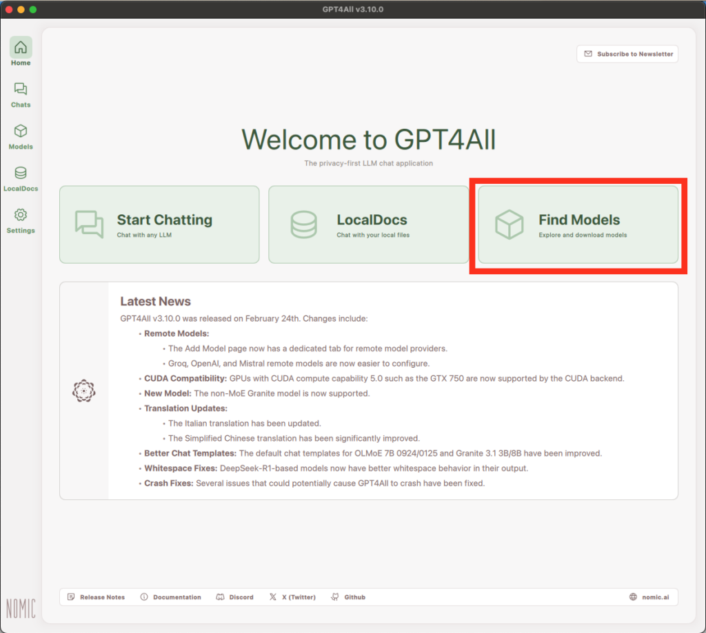 The homepage for the GPT4ALL app. The Find Models button is highlighted.