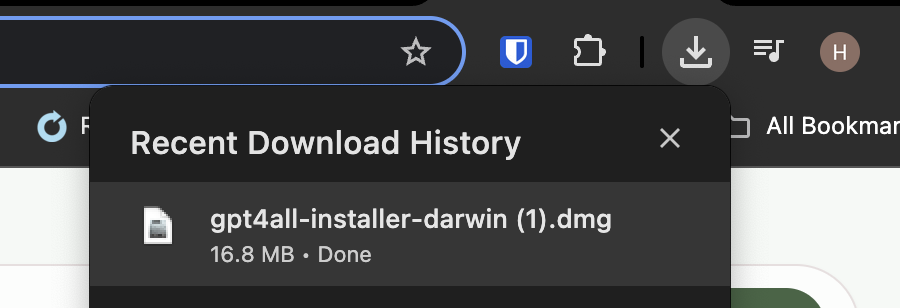 Shows that gpt4all-installer-darwin (1).dmg has been downloaded